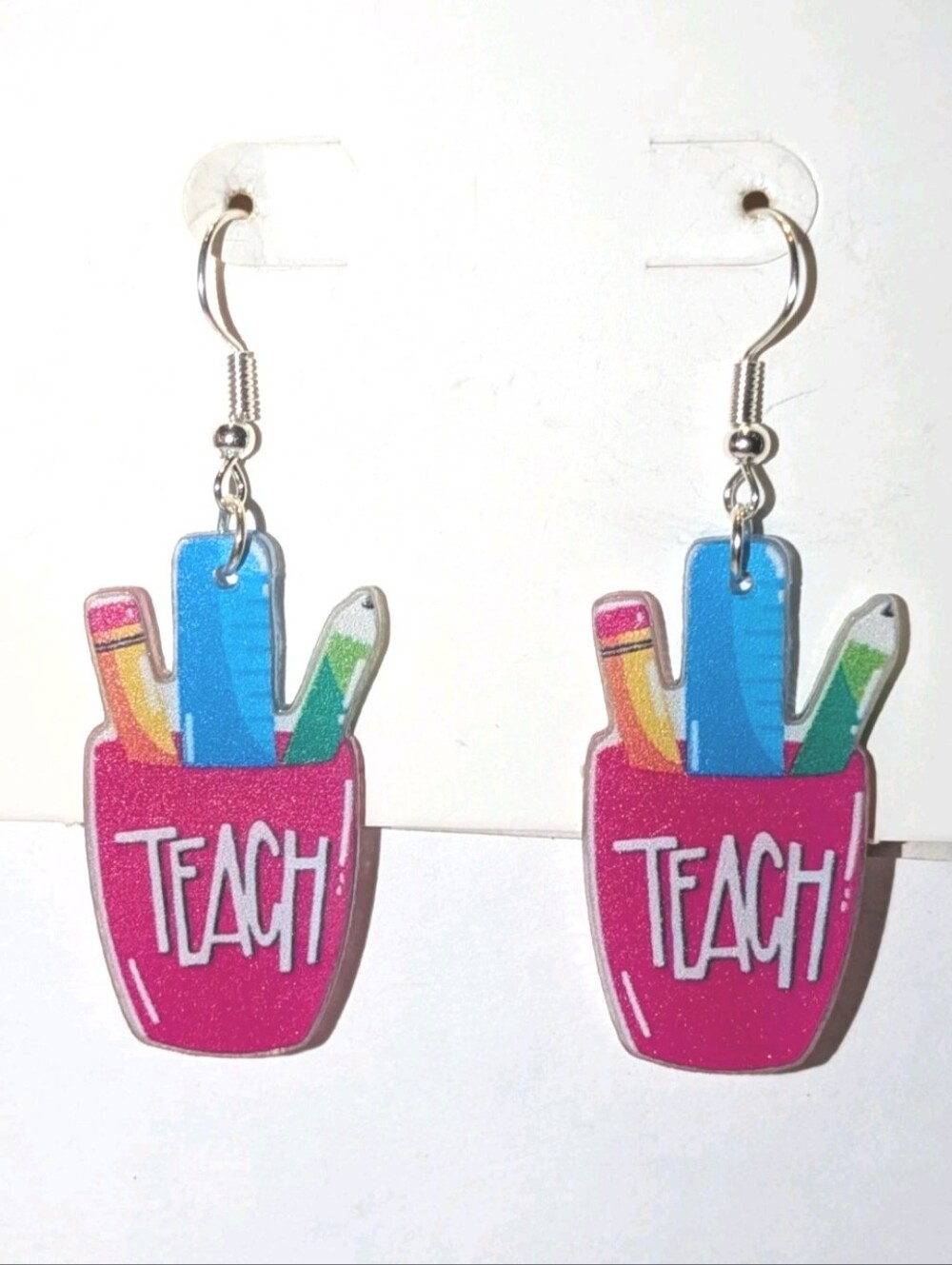Hand Crafted Teach! Pink Pencil Cup Dangle Earrings for Women and Kids